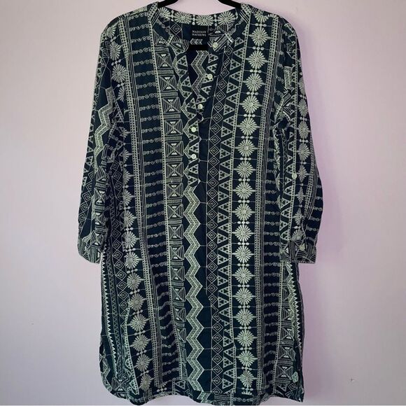Madison Mathews Size L Tunic Dress Navy Embroidered Aztec Boho Southwestern - Picture 1 of 8